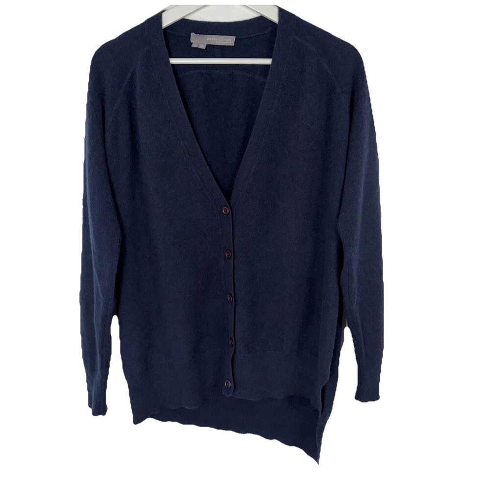 360 Sweater 100% Cashmere CardiganNavy Blue Small Elbow Patches Asymmetrical Hem